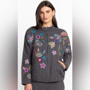 Johnny Was Charcoal Quilted Jacket with Colorful Embroidery